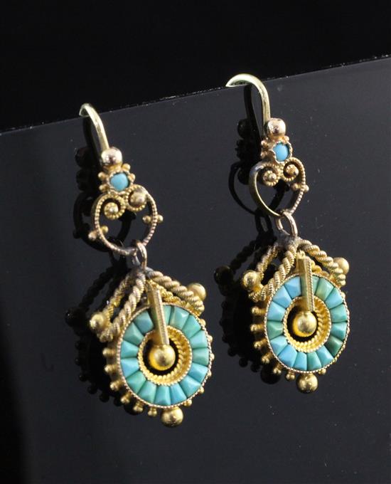 A pair of Victorian style gold and turquoise set drop earrings, overall 1.5in.